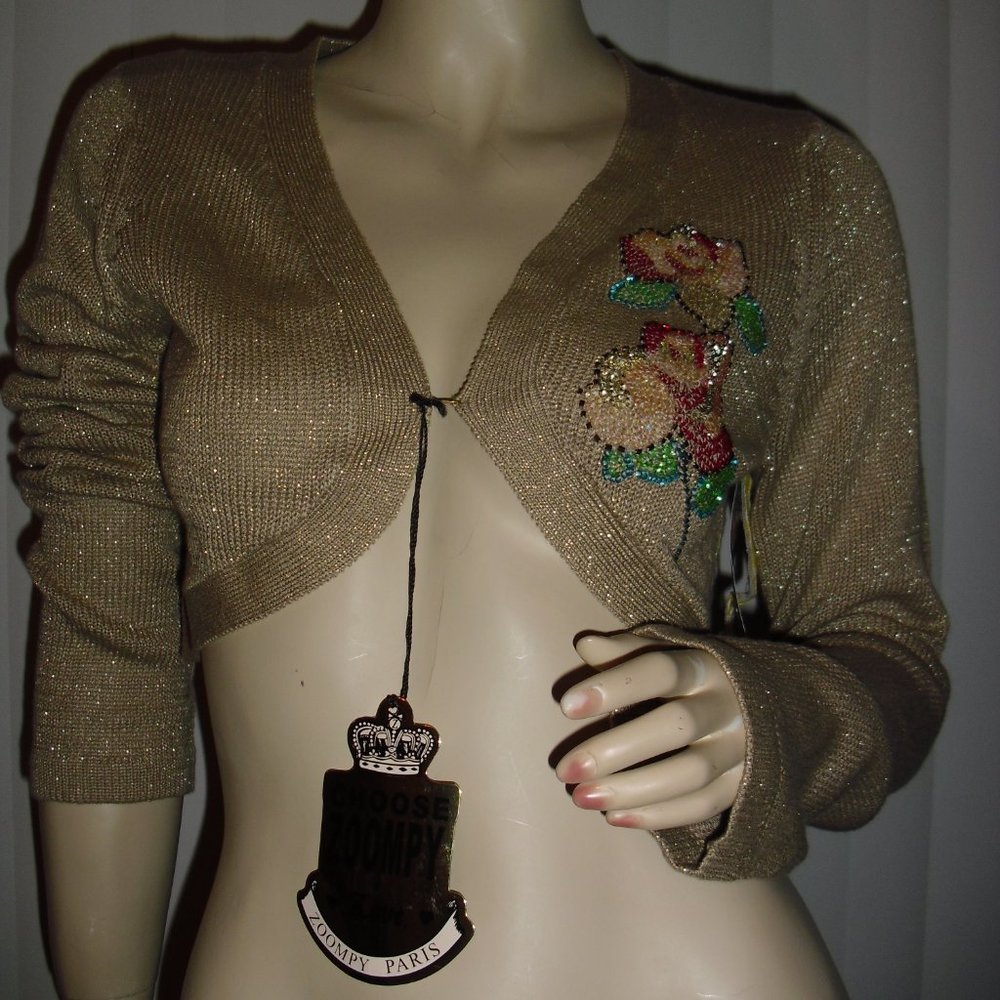 Zoompy Paris,cropped shrug,beige tan,floral trim,light glitter,cardigan,BrandNew